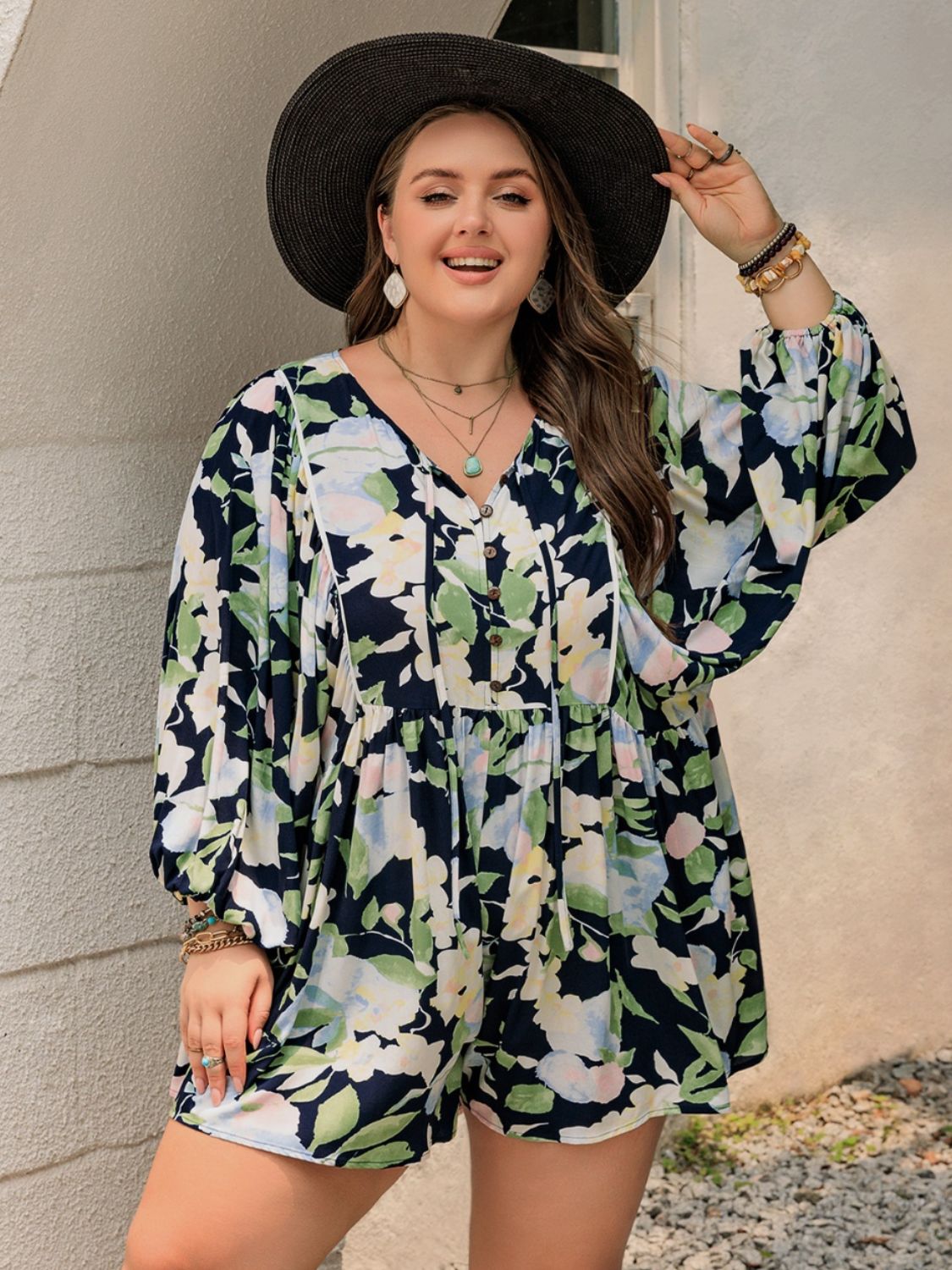 Plus Size Tied Printed Long Sleeve Romper  Trendsi   