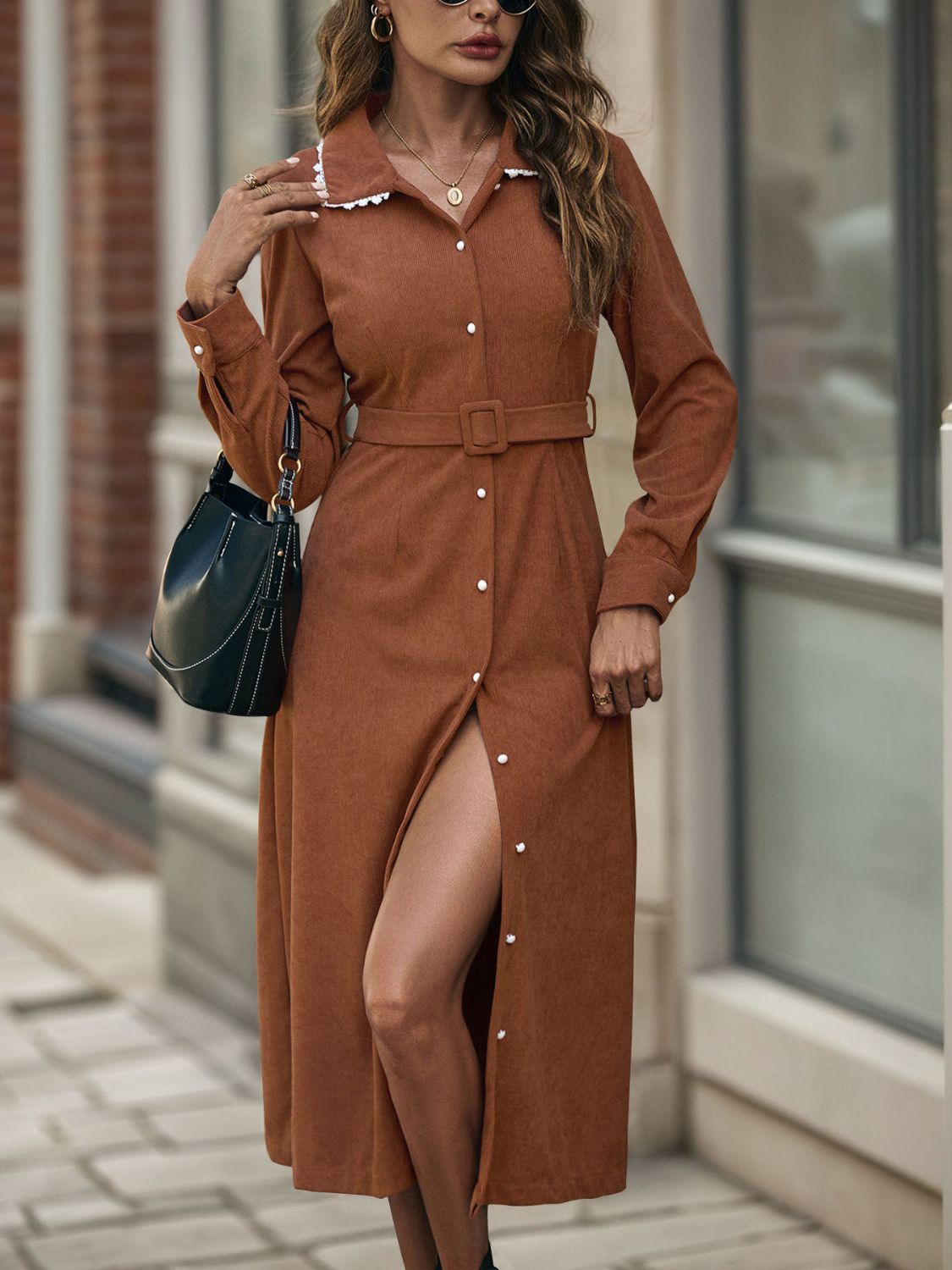 Perfee Lace Detail Collared Neck Long Sleeve Midi Dress  Trendsi   