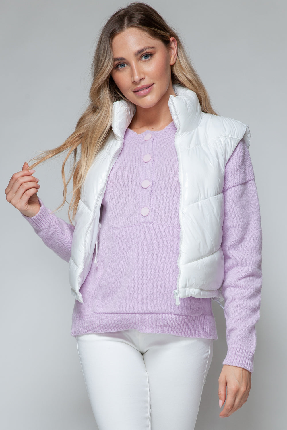 Snobbish Zip Up Turtleneck Shiny Quilted Vest  Trendsi White S 