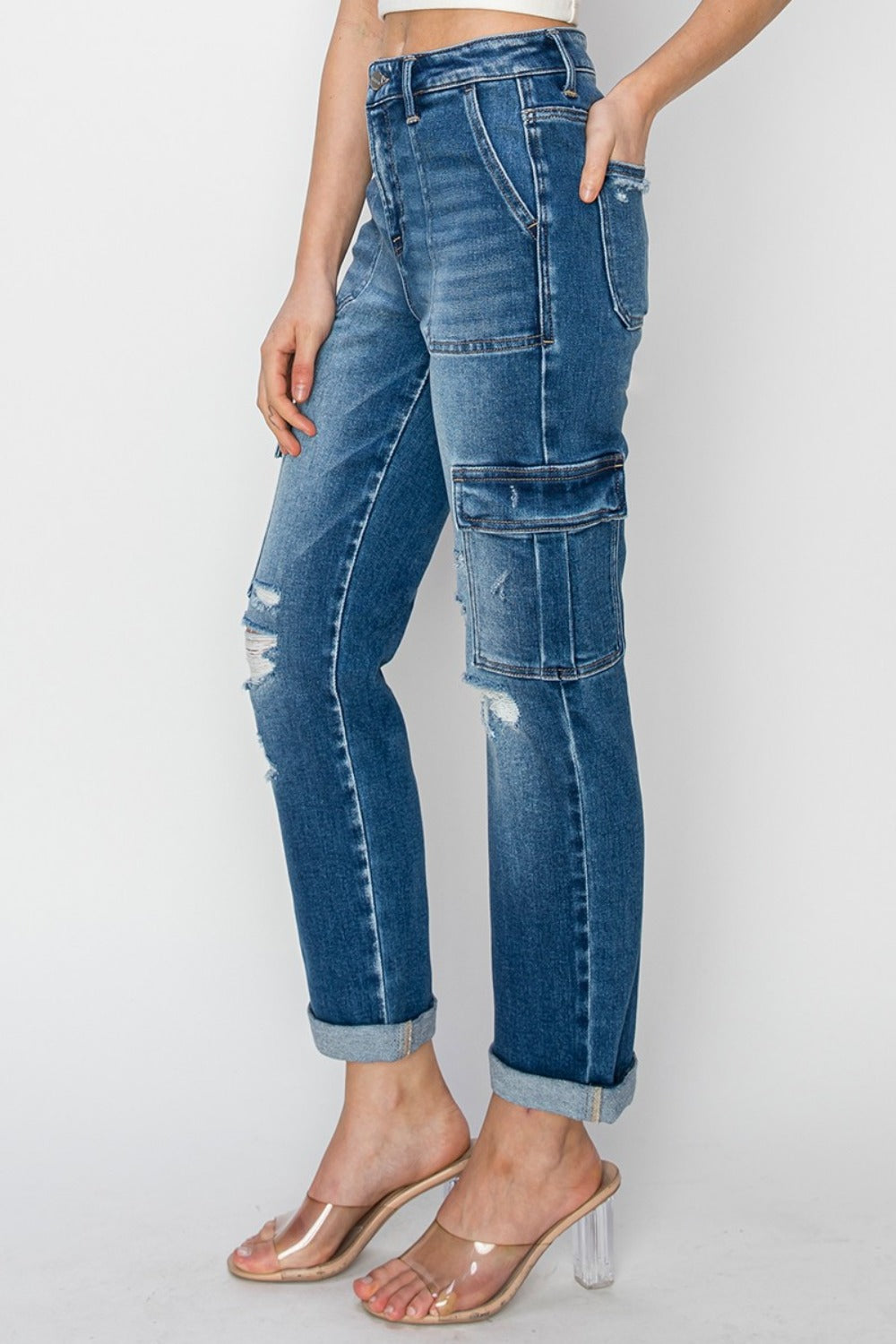 RISEN Full Size High Rise Cargo Ankle Roll Up Straight Jeans  Trendsi   