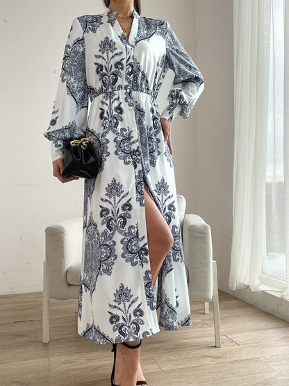 Printed Notched Lantern Sleeve Midi Dress  Trendsi   