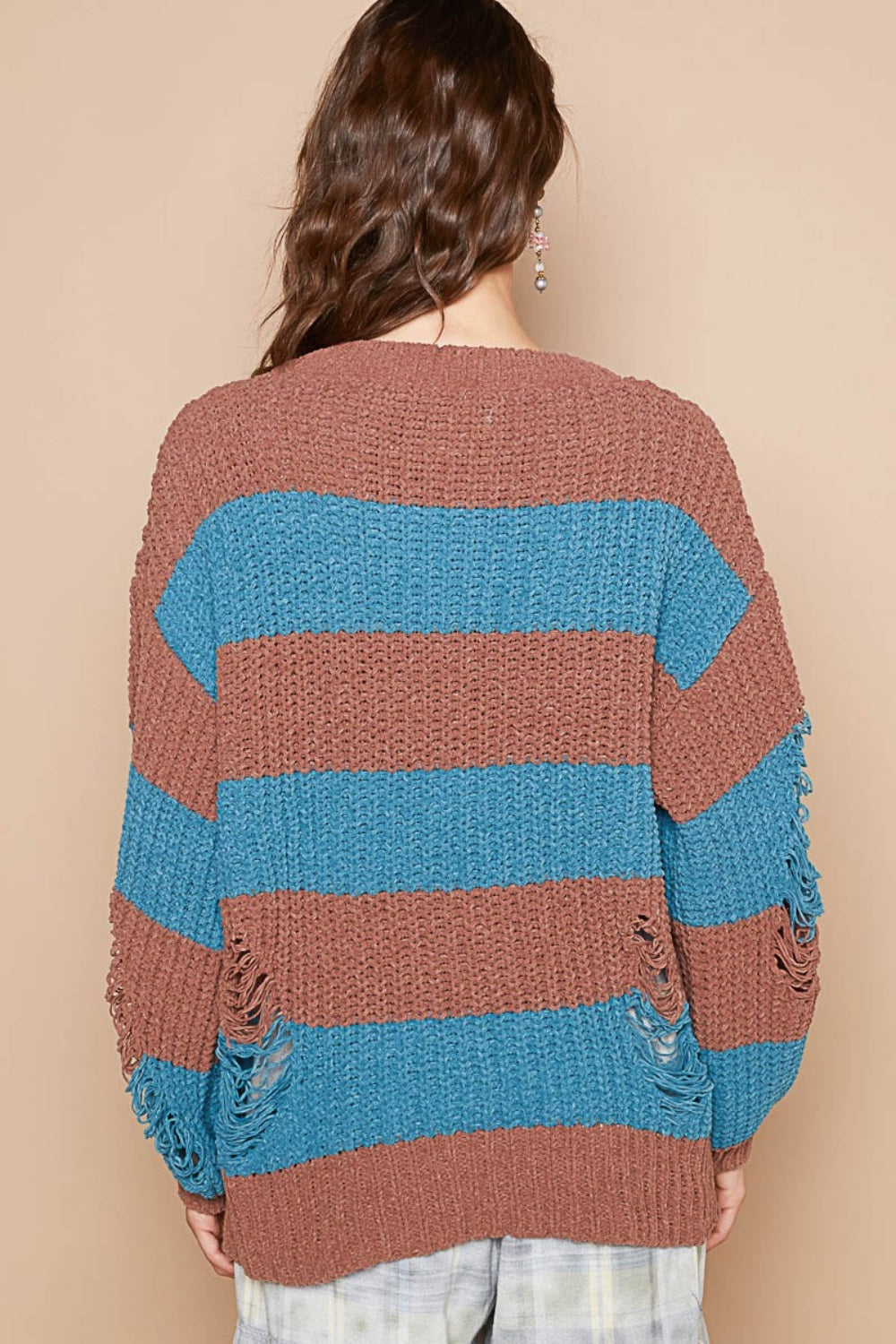 POL Striped Distressed Long Sleeve Sweater  Trendsi   