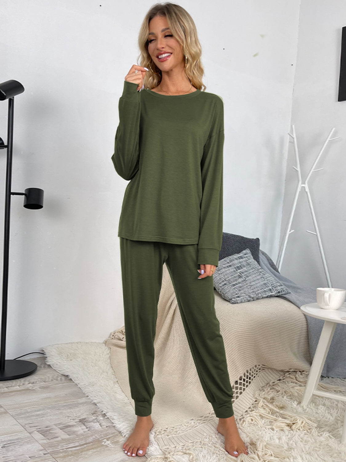 Shiny Round Neck Top and Drawstring Pants Lounge Set  Trendsi   