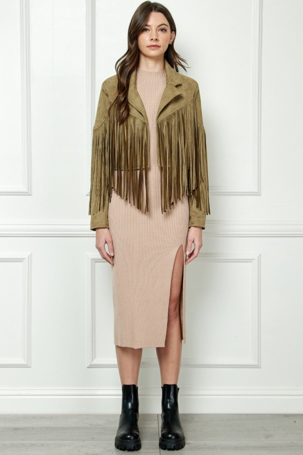 Veveret Suede Fringe Long Sleeve Moto Jacket  Trendsi   