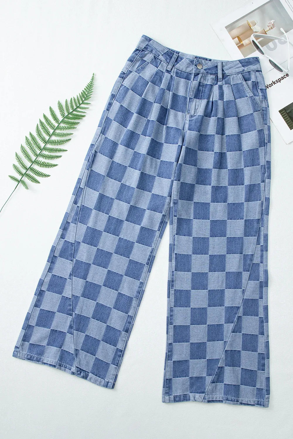 Checkered Wide Leg Jeans with Pockets  Trendsi   