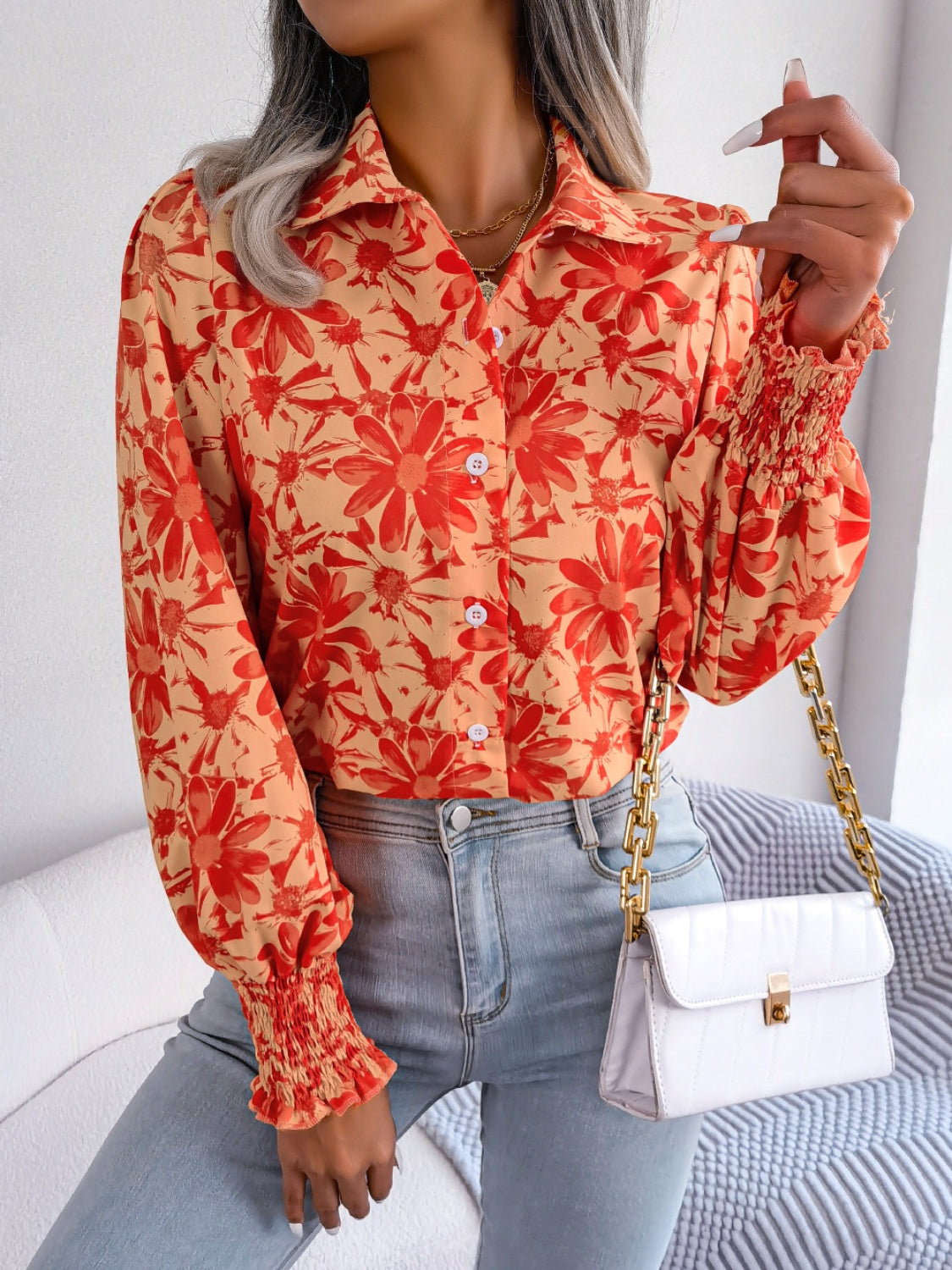 Floral Collared Neck Long Sleeve Shirt Blouse Trendsi   