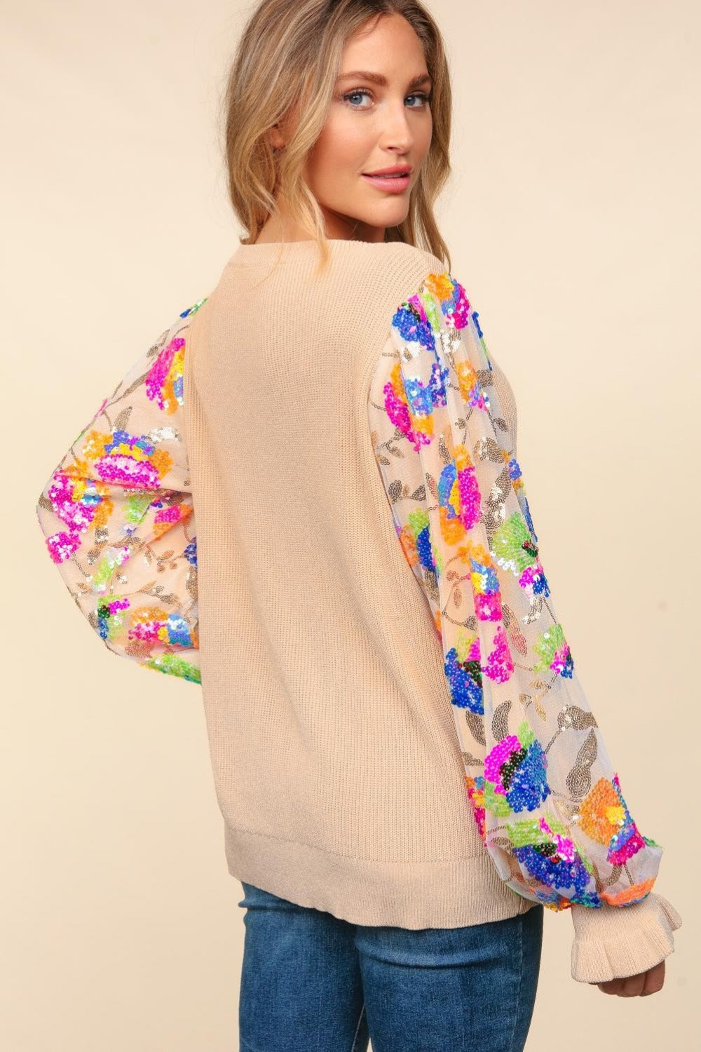 Haptics Floral Sequins Mesh Flounce Sleeve Sweater  Trendsi   