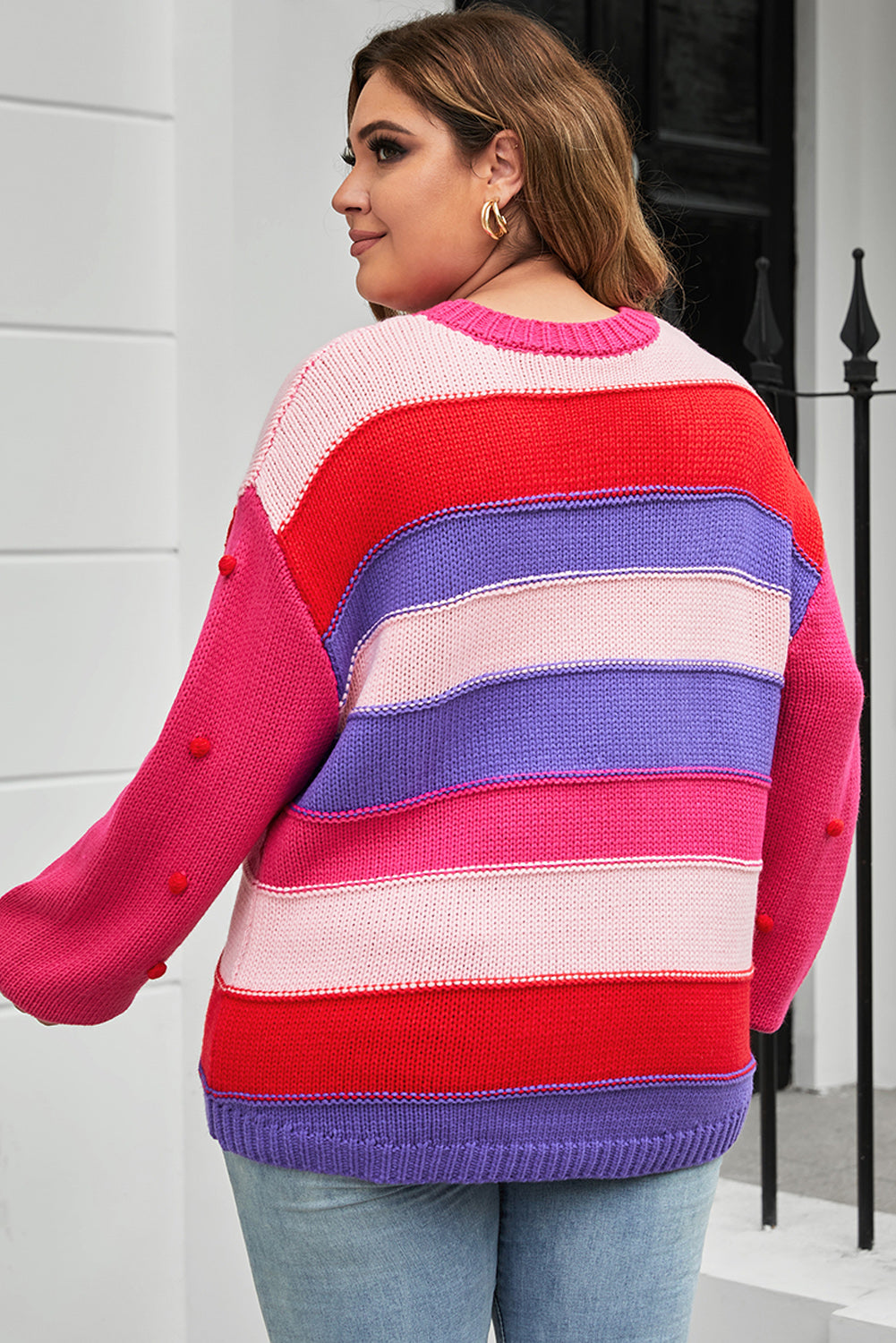 Plus Size Color Block Pom-Pom Trim Sweater  Trendsi   