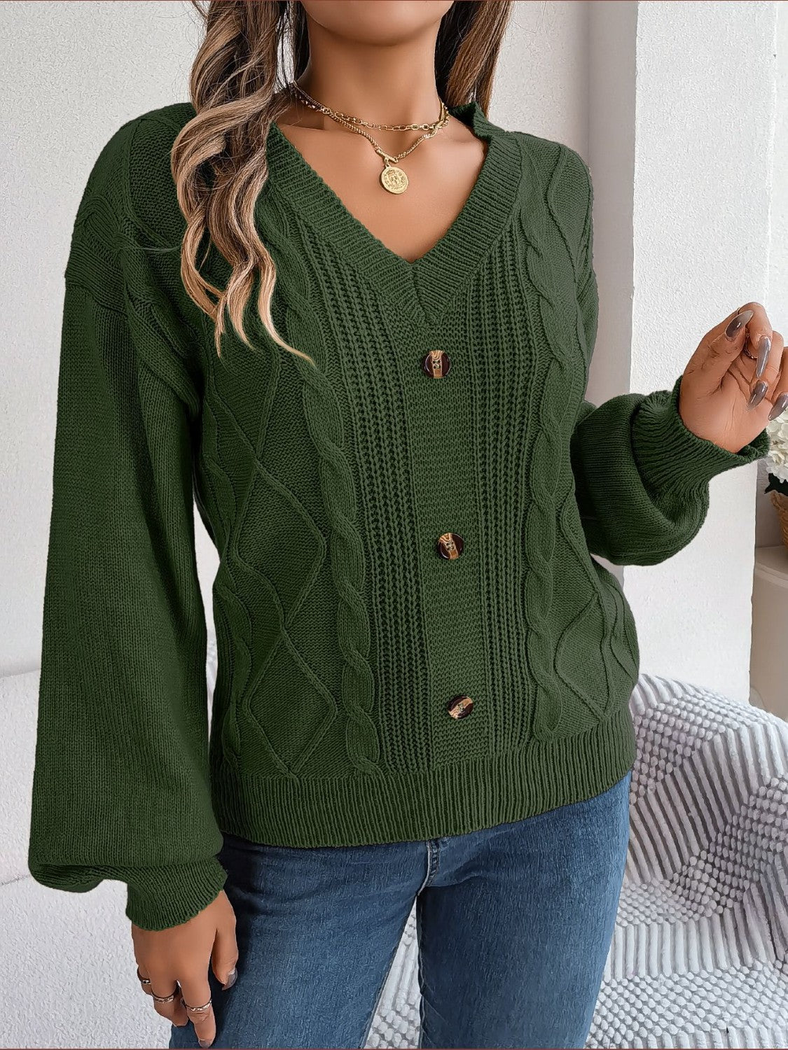 Cable-Knit Buttoned V-Neck Sweater  Trendsi Army Green S 