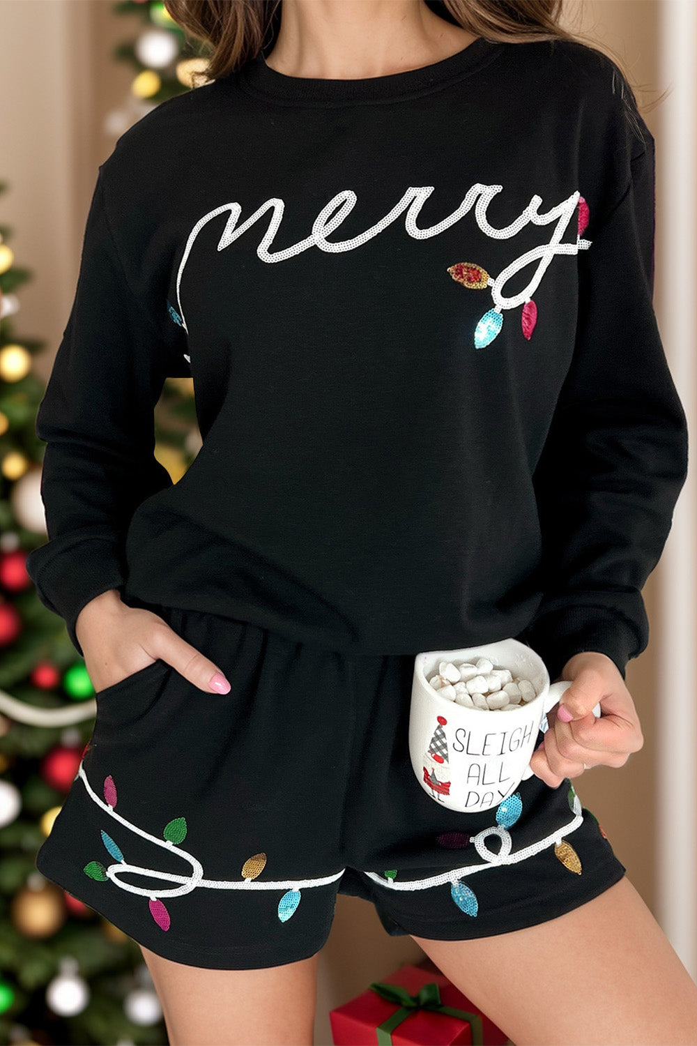 MERRY Sequin Round Neck Long Sleeve Top and Shorts Set  Trendsi Black S 