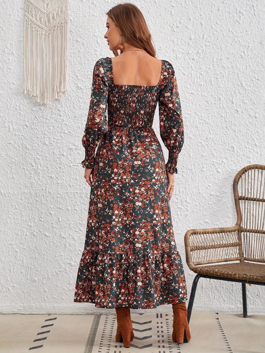 Smocked Floral Square Neck Long Sleeve Dress  Trendsi   