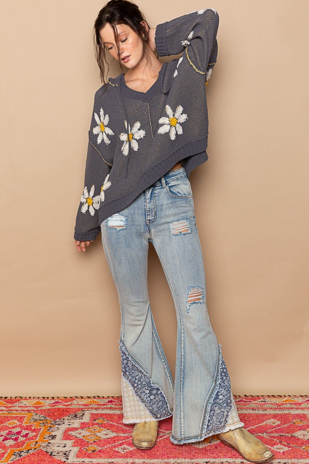 POL Floral Pattern Hooded High-Low Sweater  Trendsi   