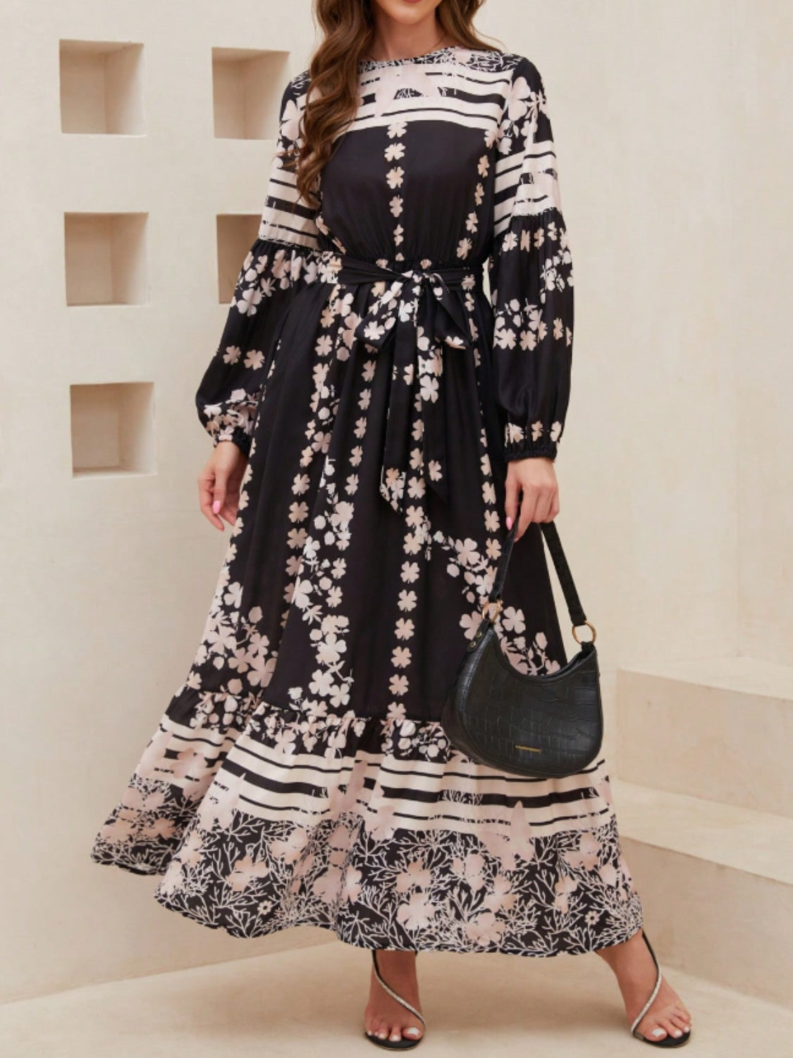 Printed Round Neck Long Sleeve Maxi Dress with Pockets  Trendsi   