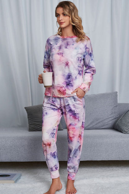 Shiny Tie-Dye Crewneck Top and Drawstring Waist Joggers Lounge Set