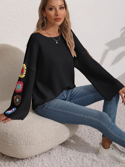 Crochet Flower Long Sleeve Sweater  Trendsi Black S 