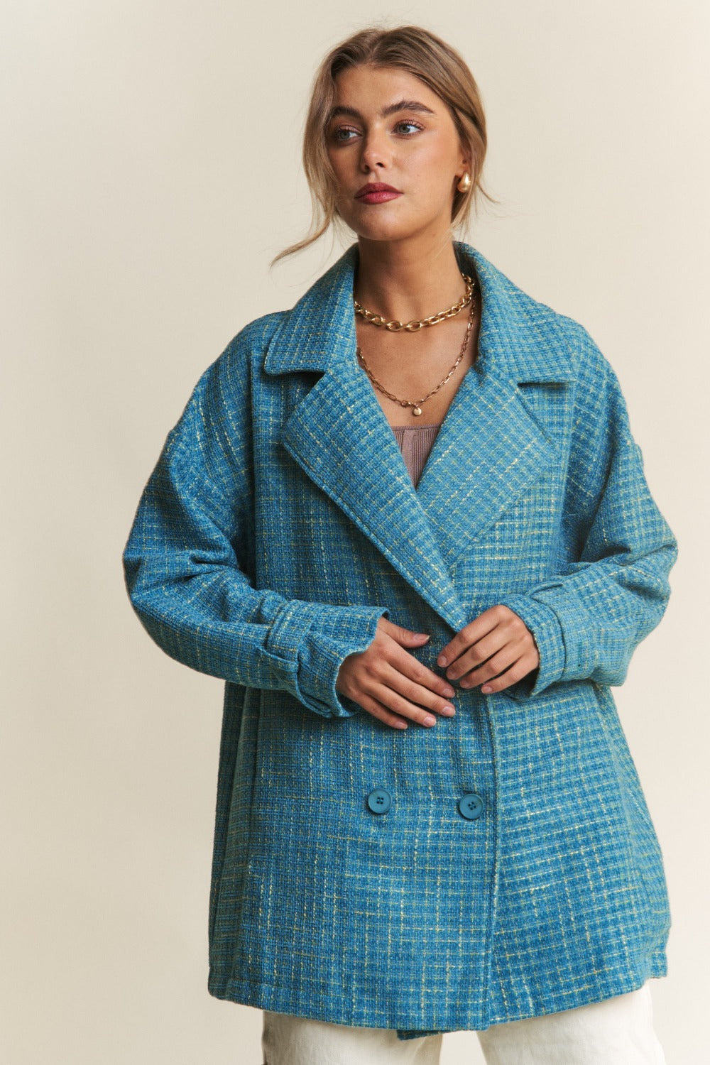 J.NNA Tweed Double-Breasted Long Sleeve Coat  Trendsi Emerald Sea S 