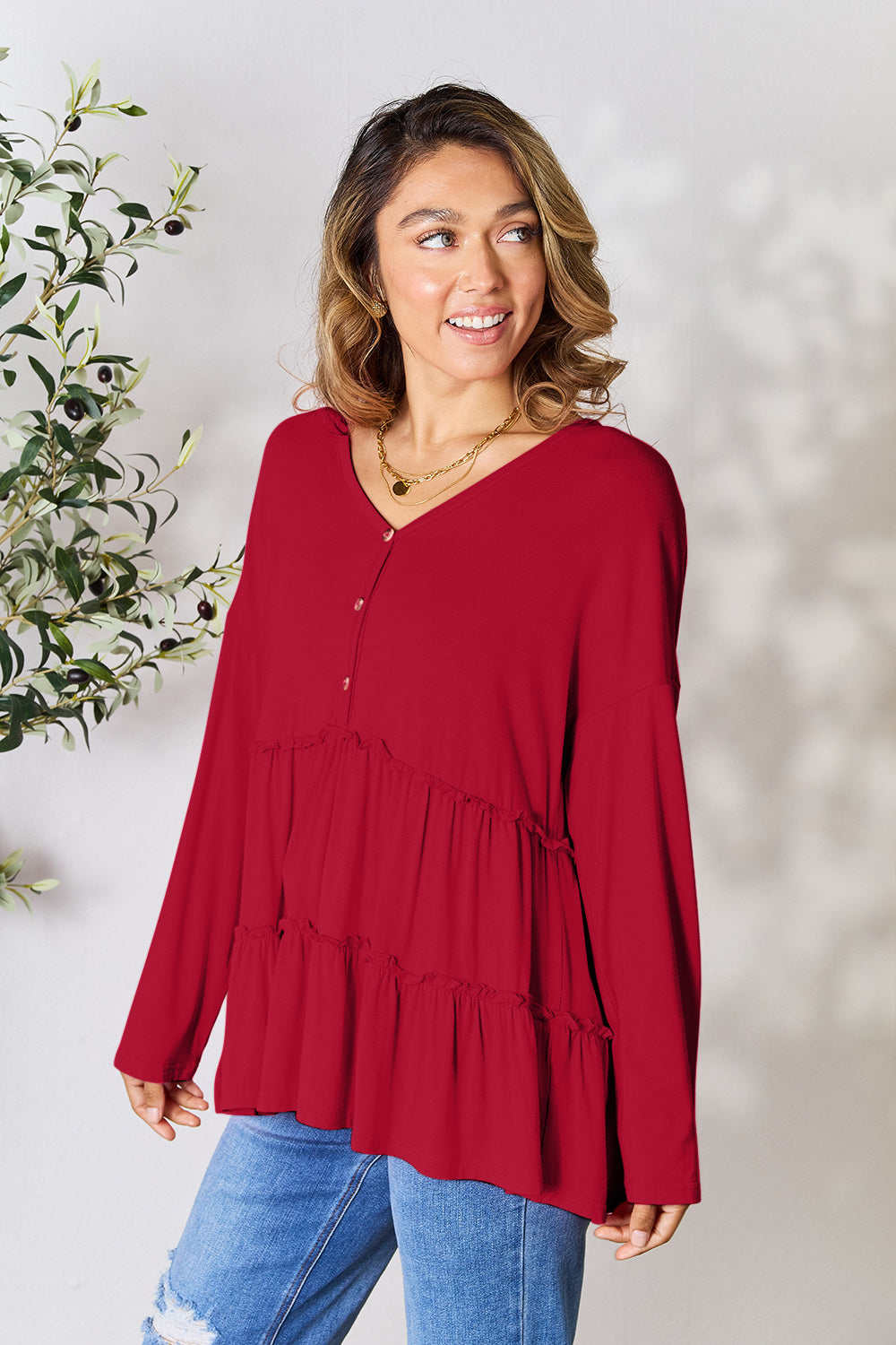 Double Take Half Button Long Sleeve Ruffle Hem Blouse Blouse Trendsi Burgundy S 