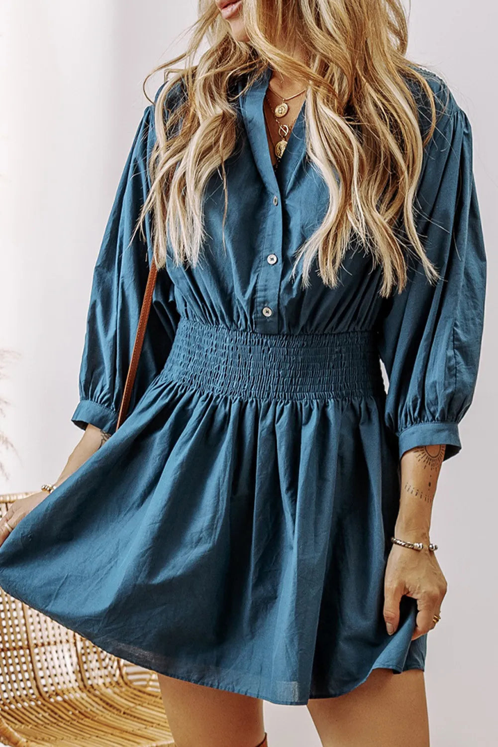 Smocked Half Button Three-Quarter Sleeve Mini Dress Dress Trendsi   