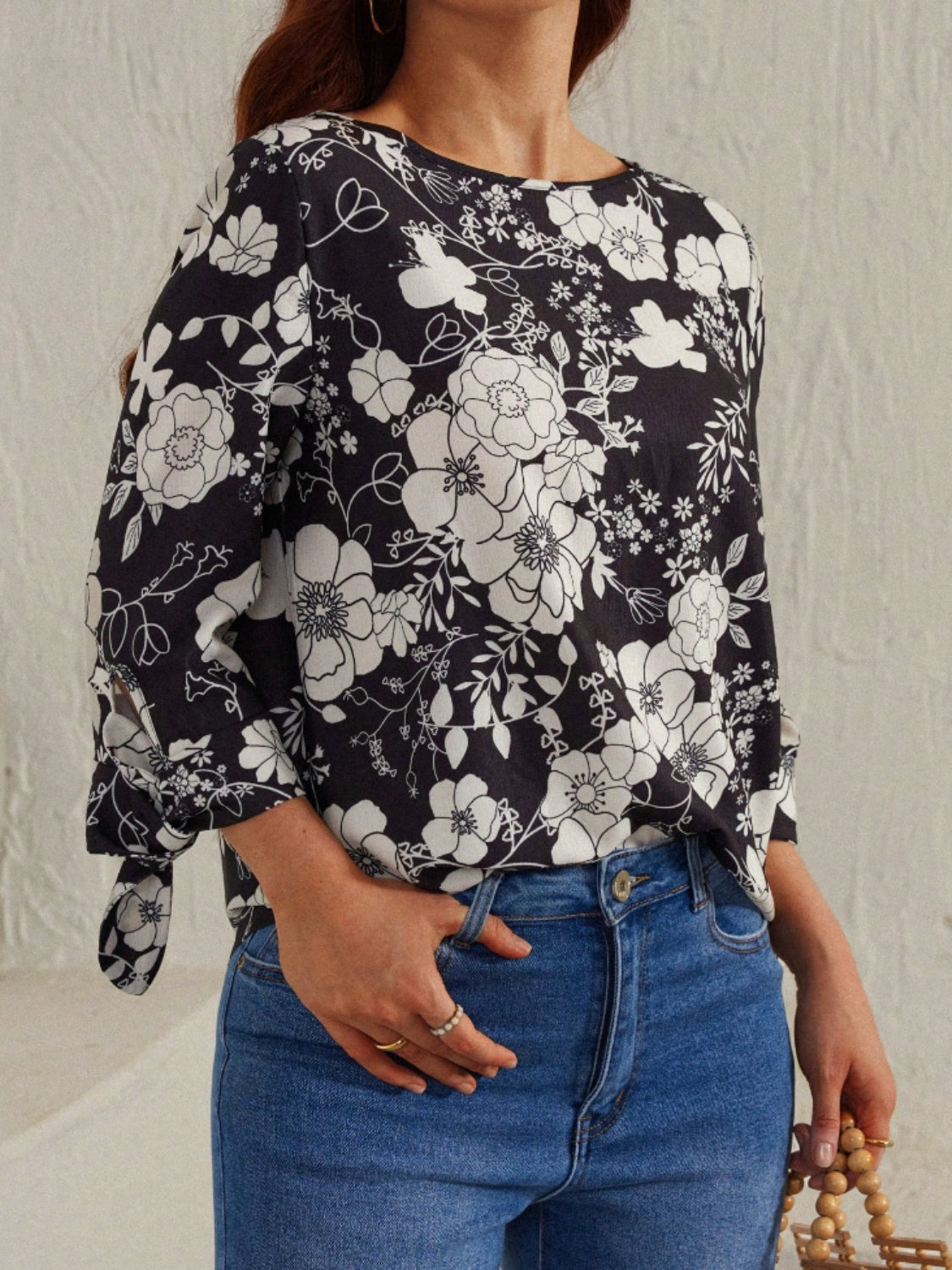 Printed Round Neck Three-Quarter Sleeve Blouse  Trendsi   