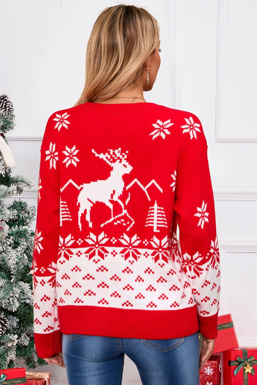 Angel Wings Deer Pattern Round Neck Long Sleeve Sweater  Trendsi   