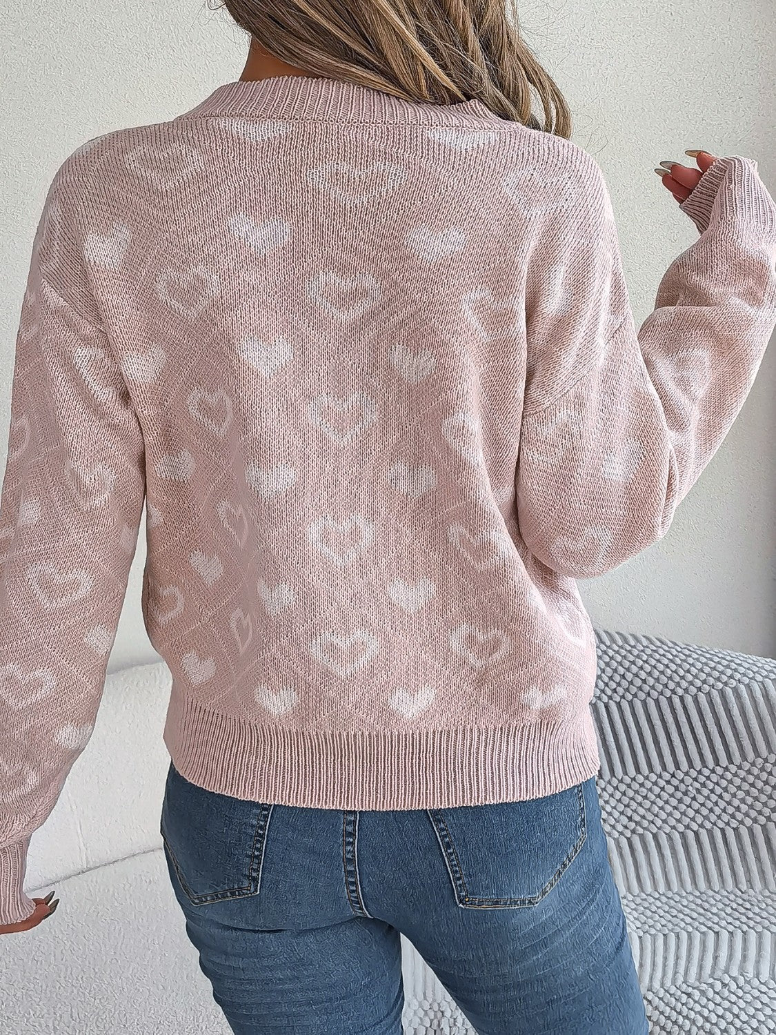 Heart Pattern V-Neck Long Sleeve Sweater  Trendsi   