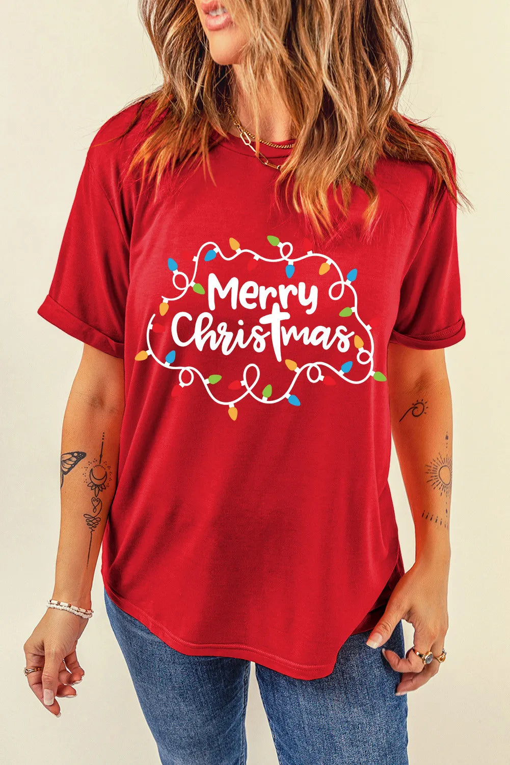 MERRY CHRISTMAS Round Neck Short Sleeve T-Shirt  Trendsi Deep Red S 