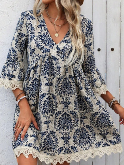 Lace Detail Printed V-Neck Mini Dress  Trendsi Navy S 