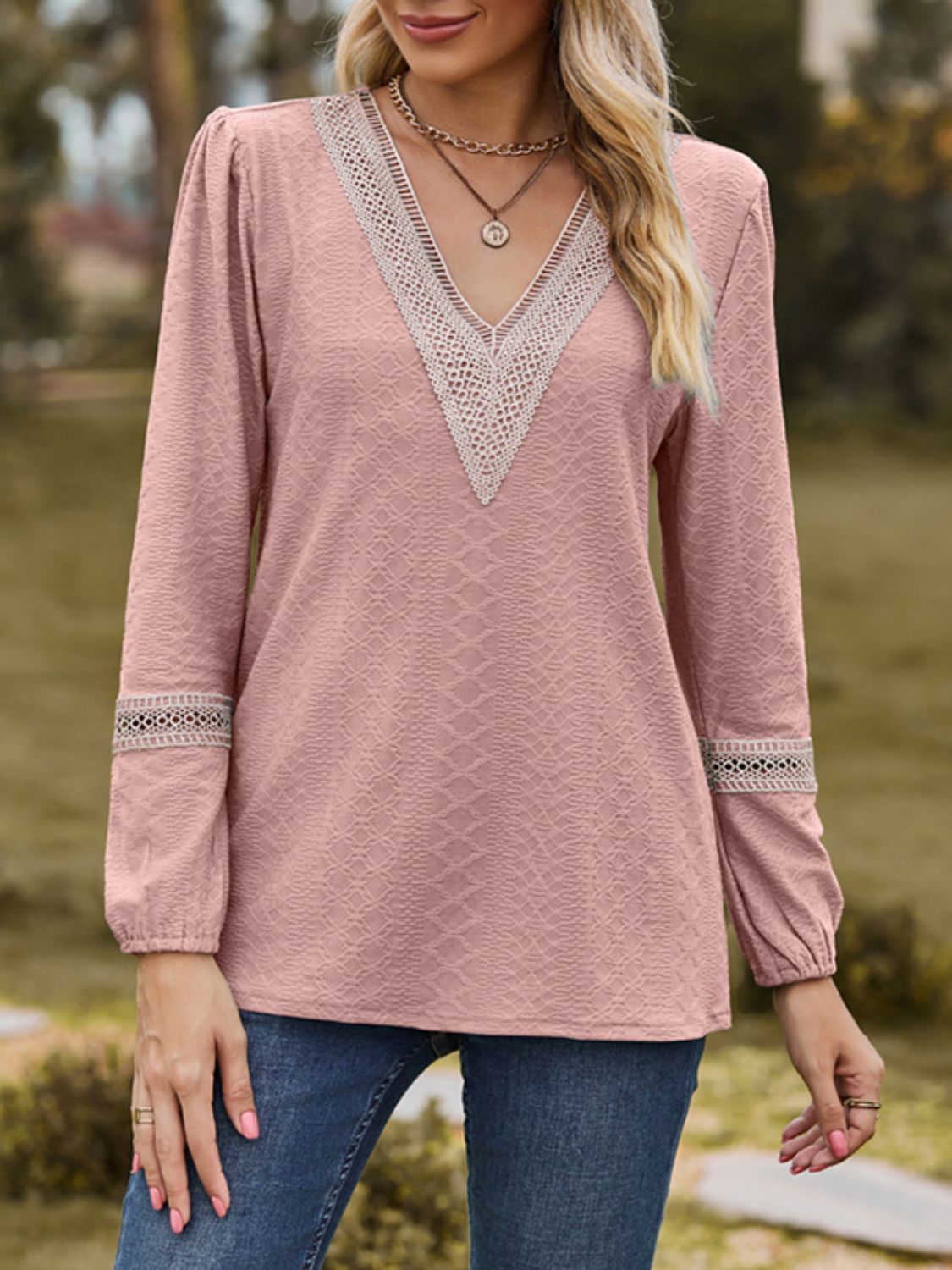 V-Neck Long Sleeve Blouse Blouse Trendsi   