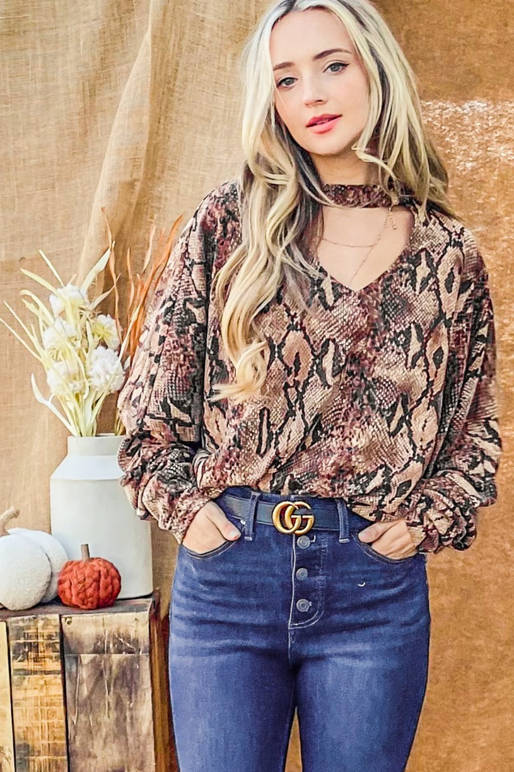 And The Why Choker Neck Dolman Sleeve Snake Print Top  Trendsi   