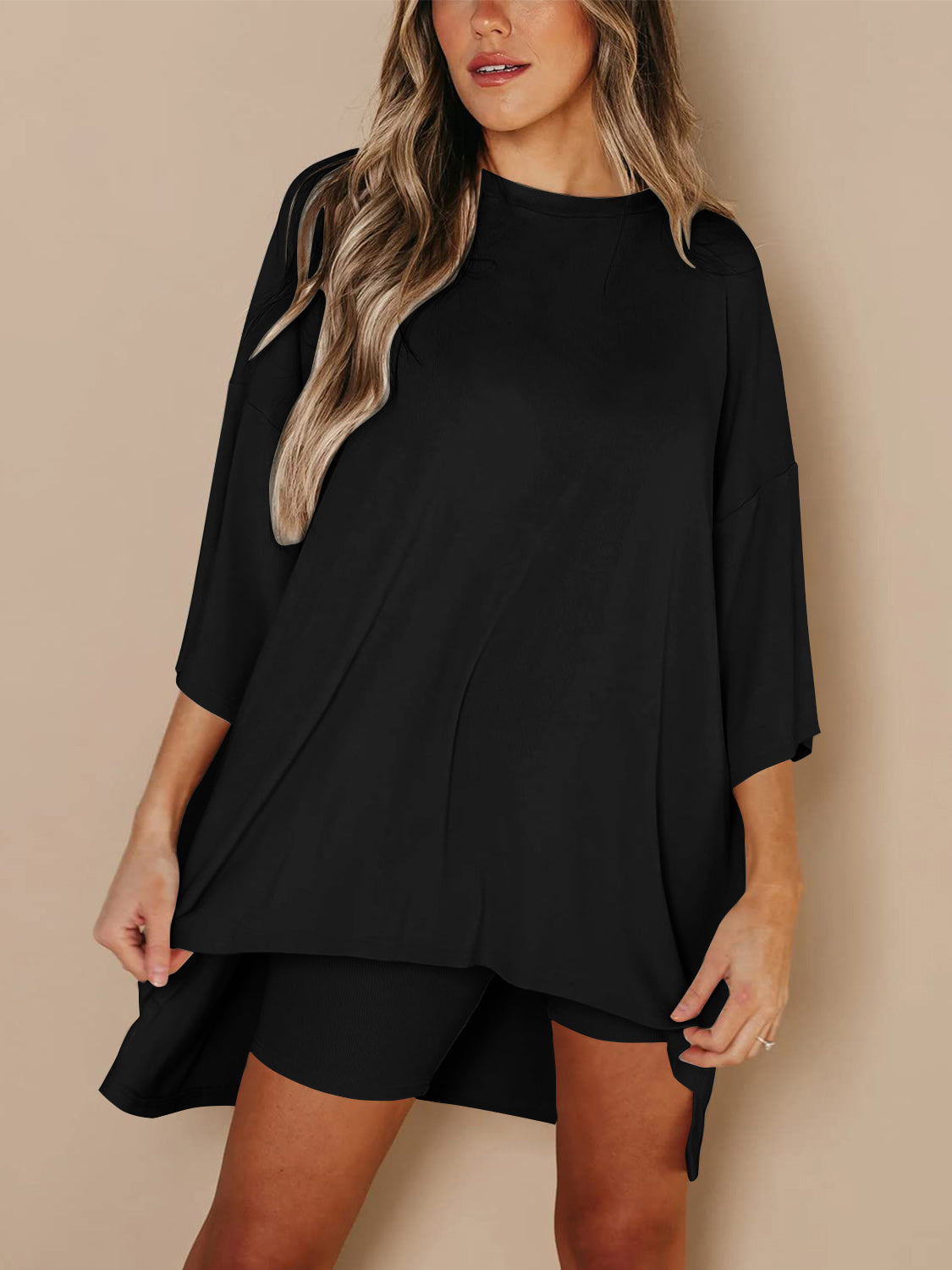 Full Size Round Neck Top and Skinny Shorts Set  Trendsi   