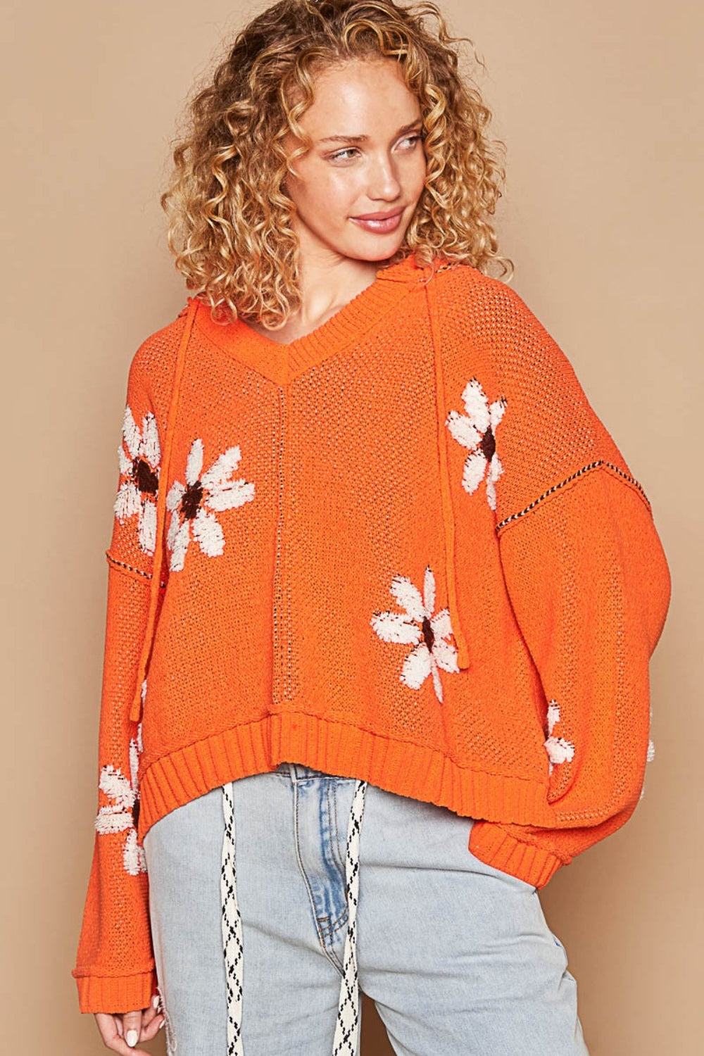 POL Floral Pattern Hooded High-Low Sweater  Trendsi Orange S 