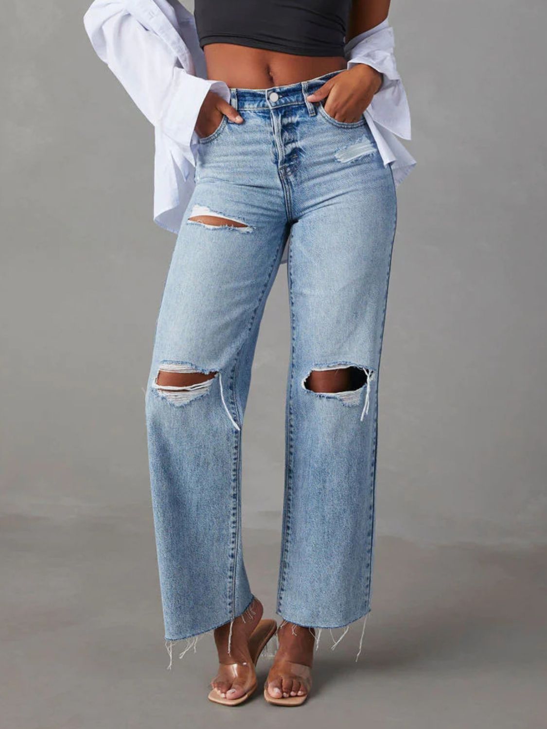 Distressed Straight Leg Jeans with Pockets  Trendsi Light S 