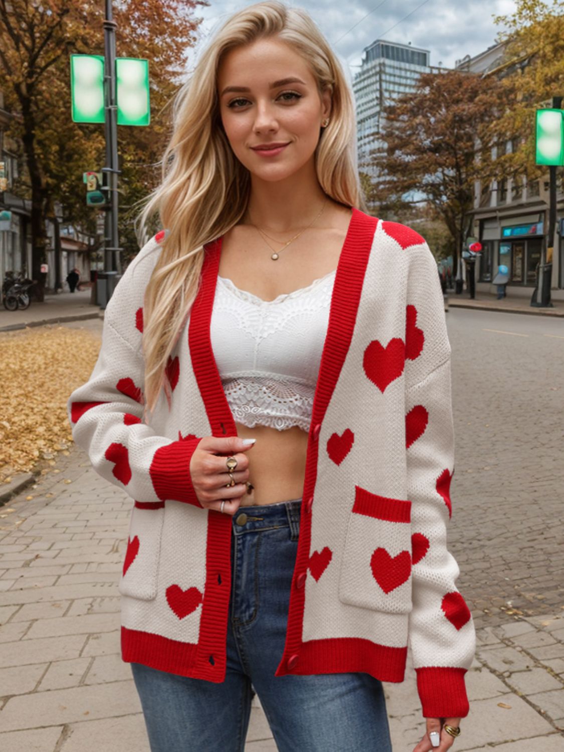 Heart Button Up Dropped Shoulder Long Sleeve Cardigan  Trendsi   