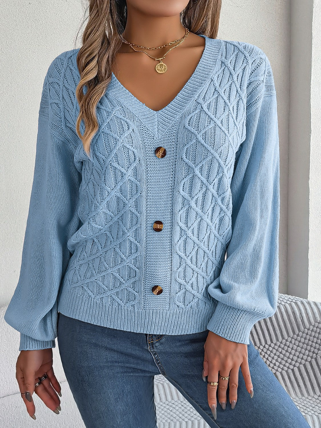 Cable-Knit V-Neck Lantern Sleeve Sweater  Trendsi Misty  Blue S 