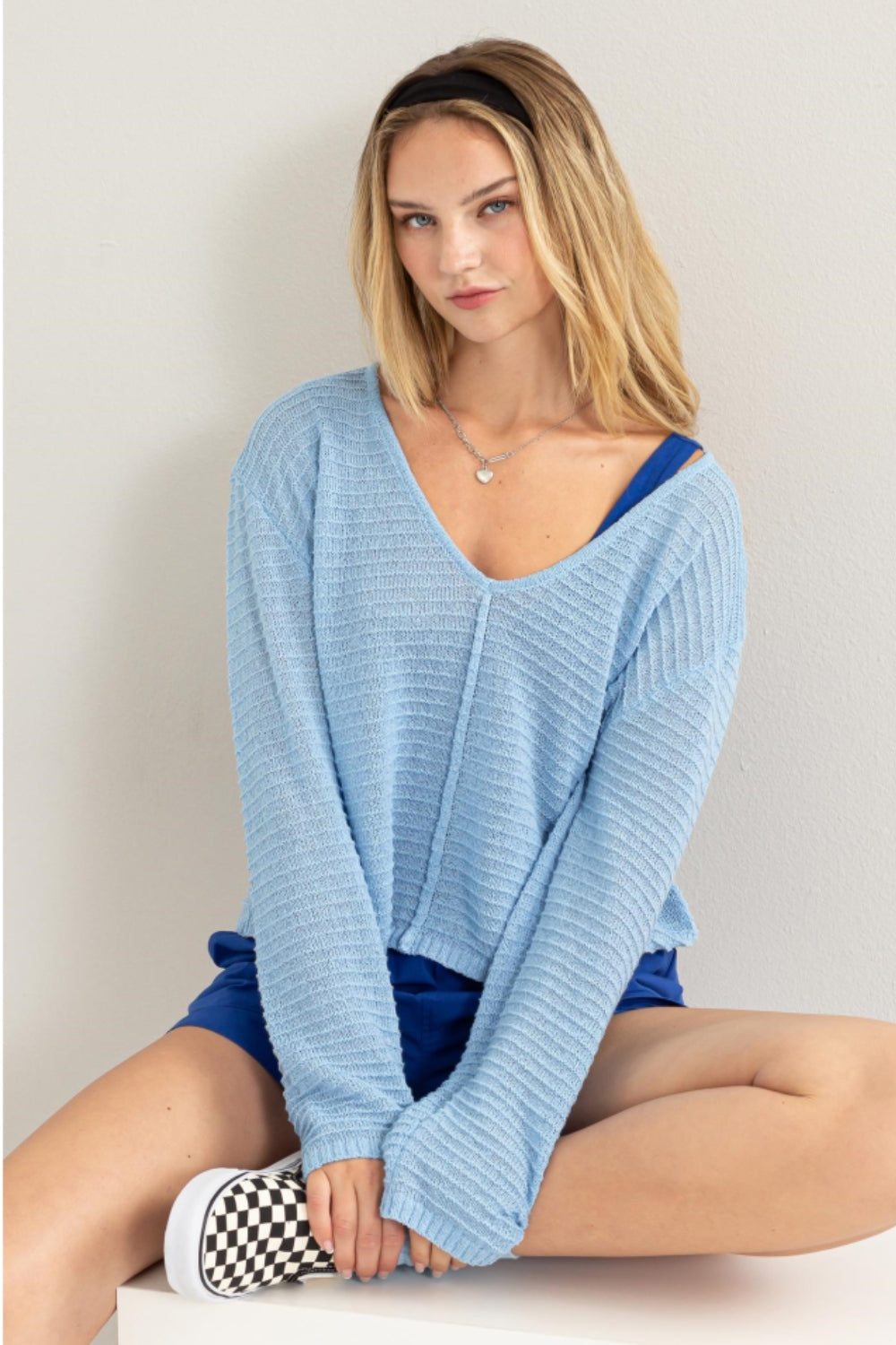 HYFVE V-Neck Stripe Texture Long Sleeve Top  Trendsi BABY BLUE S 