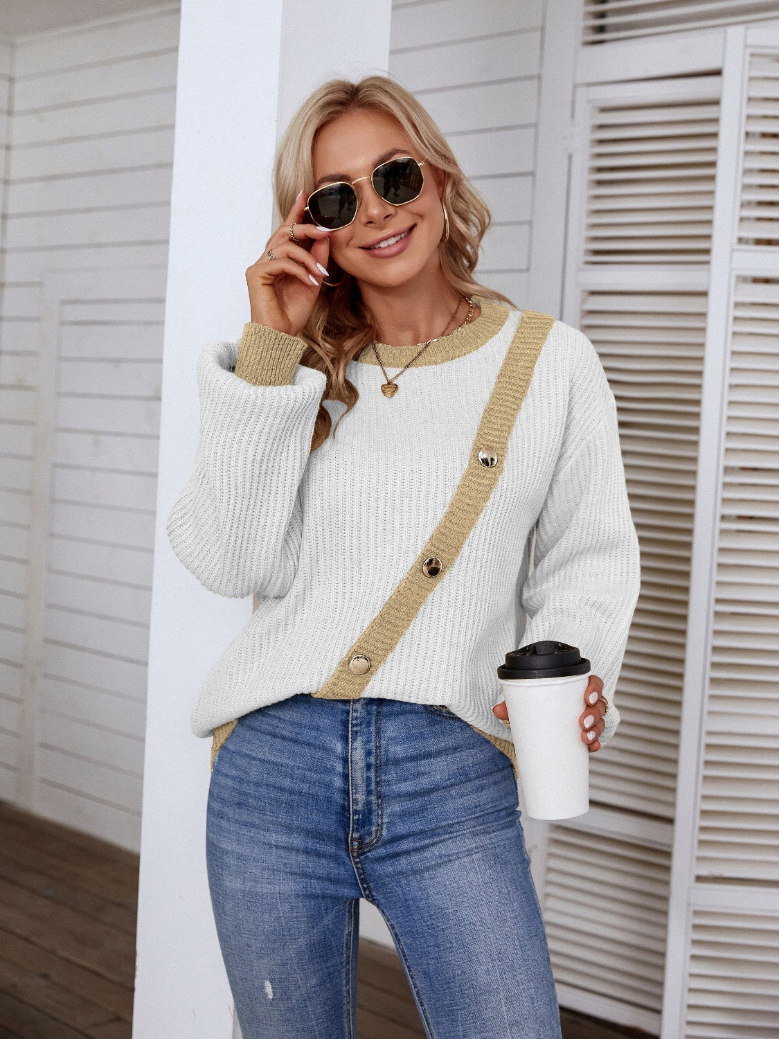 Decorative Button Round Neck Sweater  Trendsi White S 