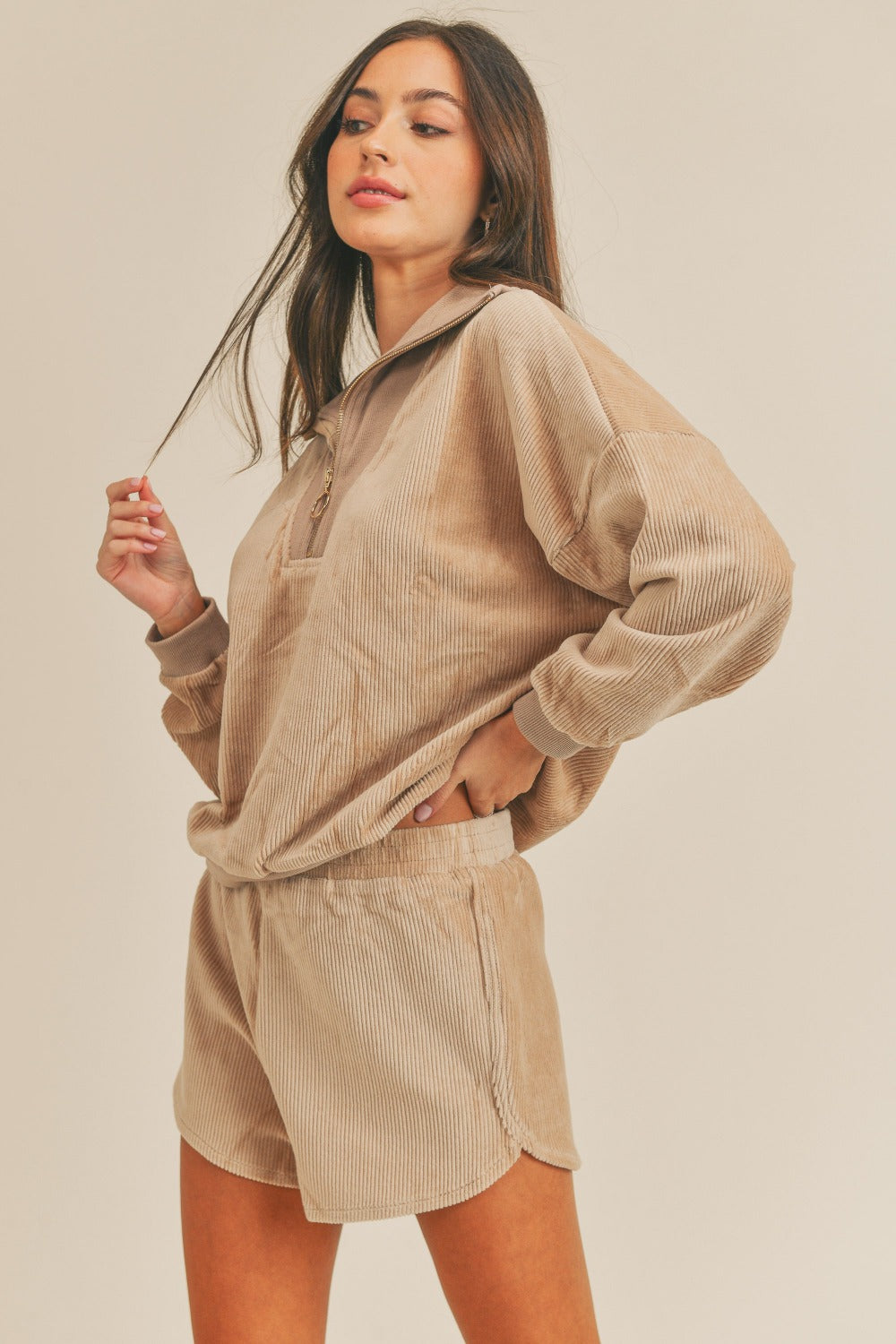 MABLE Corduroy Half Zip Top and Shorts Set Luxe Trendsi   