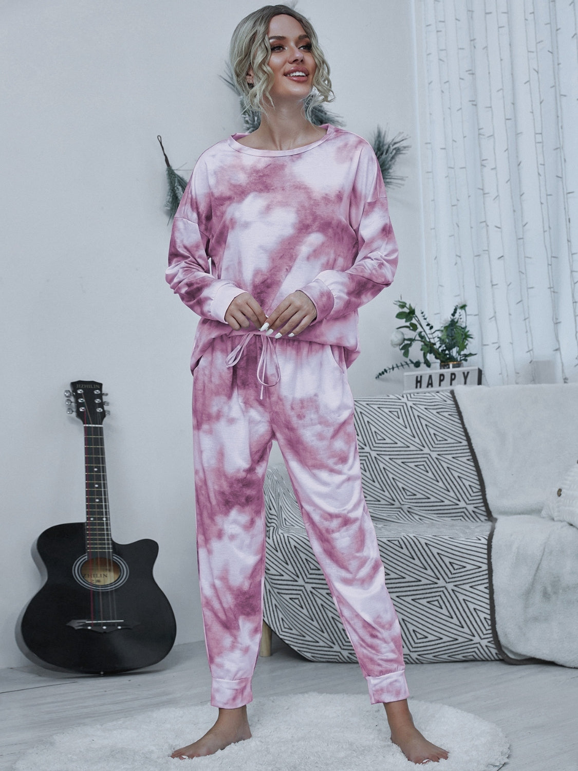 Shiny Tie-dye Round Neck Top and Drawstring Pants Lounge Set  Trendsi Carnation Pink S 