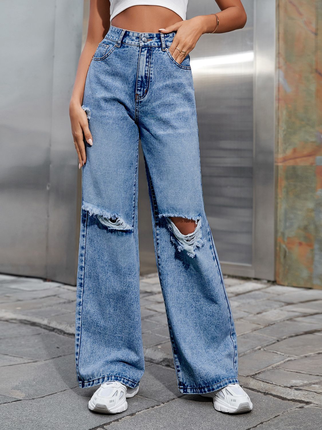 Distressed Wide Leg Jeans with Pockets  Trendsi   