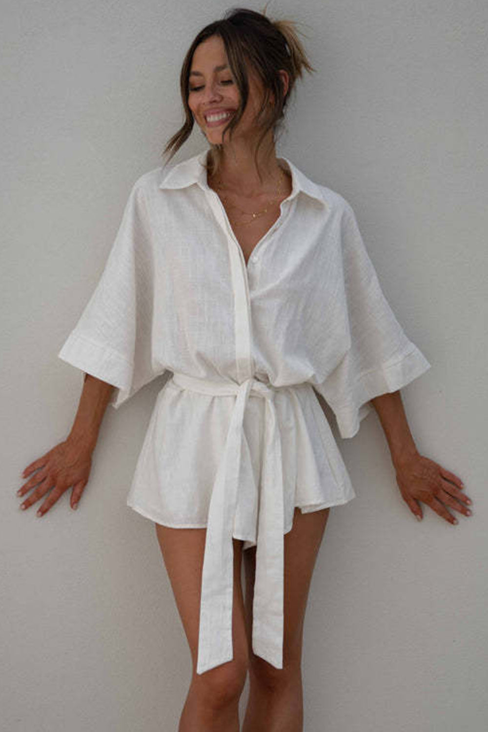 Tied Button Up Collared Neck Romper  Trendsi   