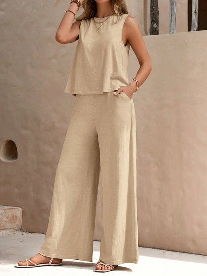 Round Neck Sleeveless Top and Wide Leg Pants Set  Trendsi Beige S 