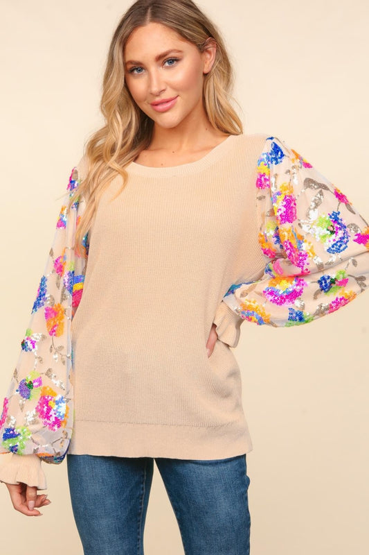 Haptics Floral Sequins Mesh Flounce Sleeve Sweater  Trendsi Tan Multi S 