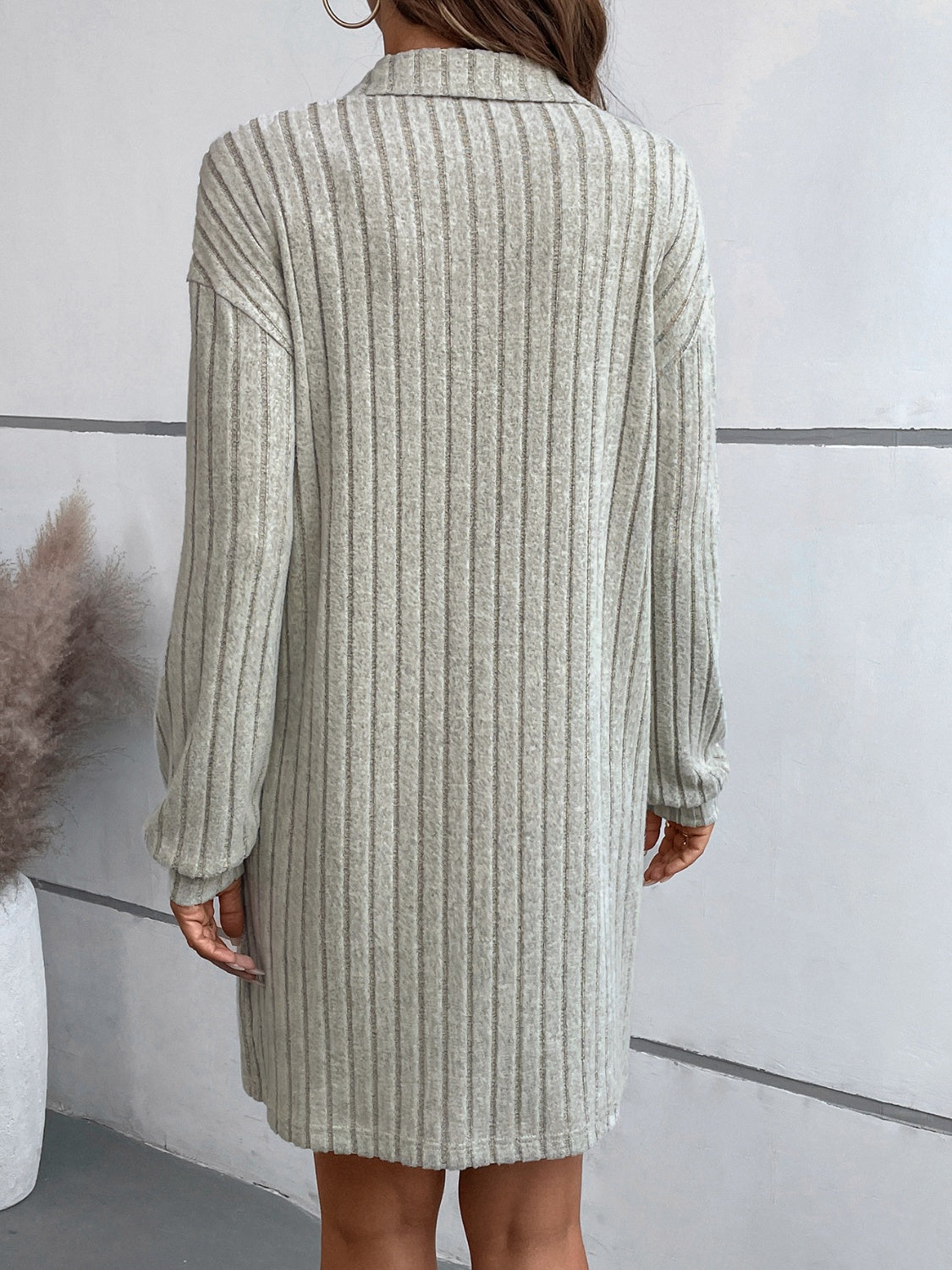 Ribbed Collared Neck Long Sleeve Dress Dress Trendsi   