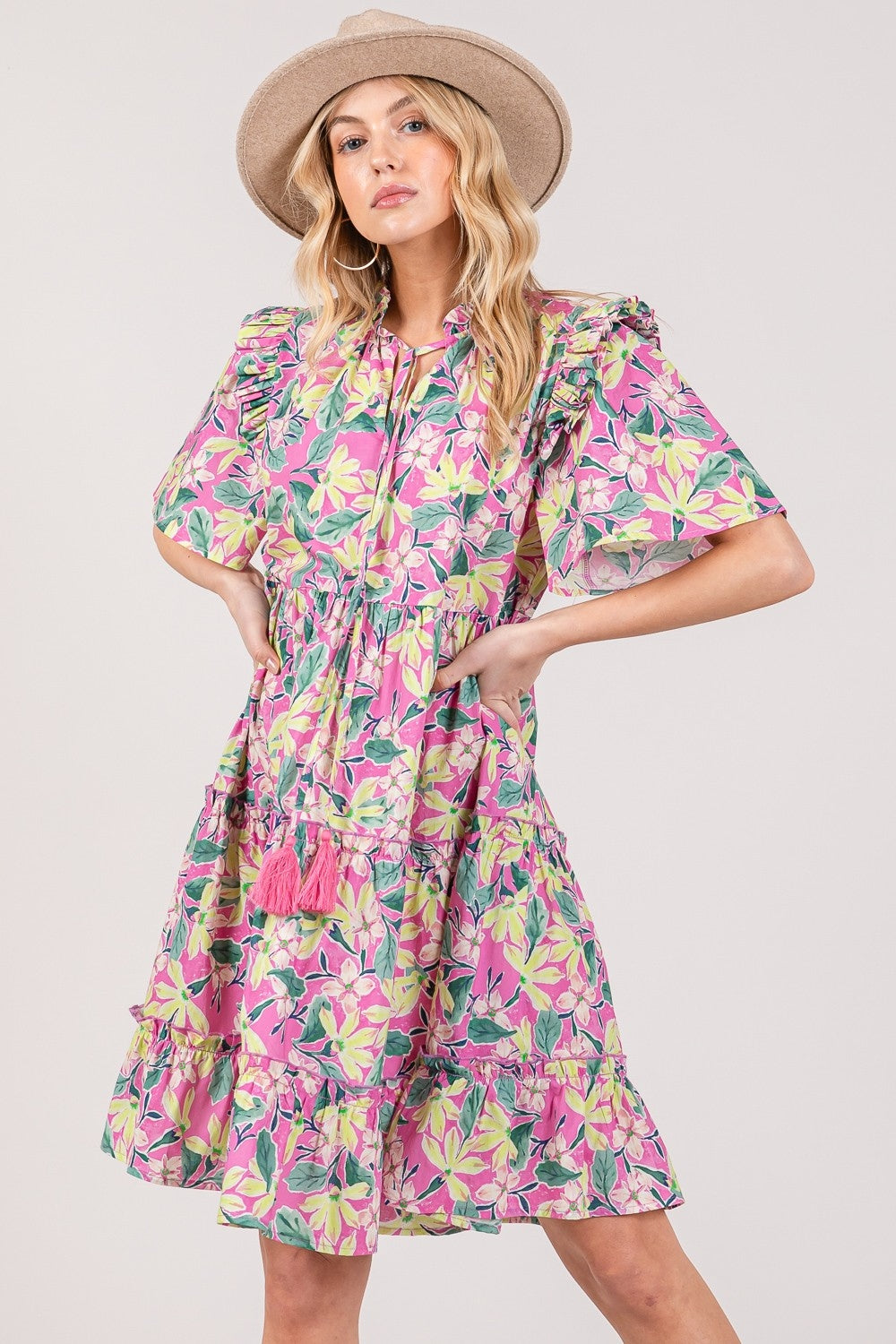 SAGE + FIG Floral Ruffle Short Sleeve Dress  Trendsi   