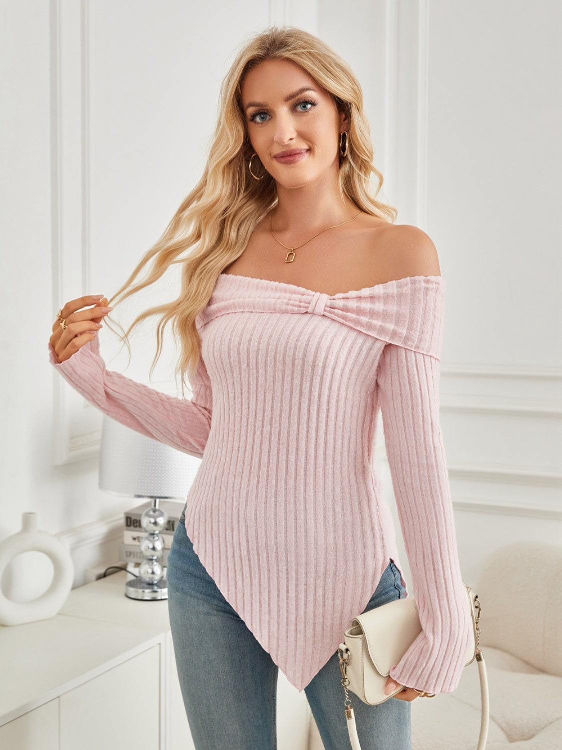 Ribbed Asymmetrical Hem Off-Shoulder Long Sleeve T-Shirt T-Shirt Trendsi   