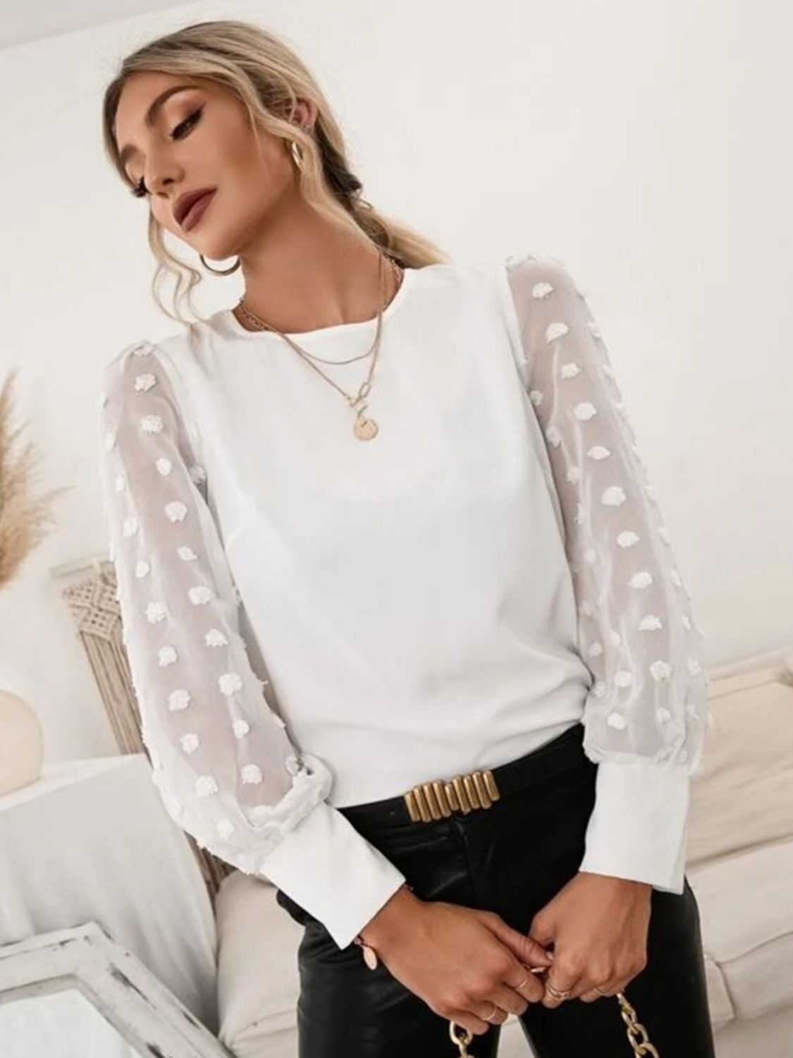 Swiss Dot Round Neck Long Sleeve Blouse Blouse Trendsi   