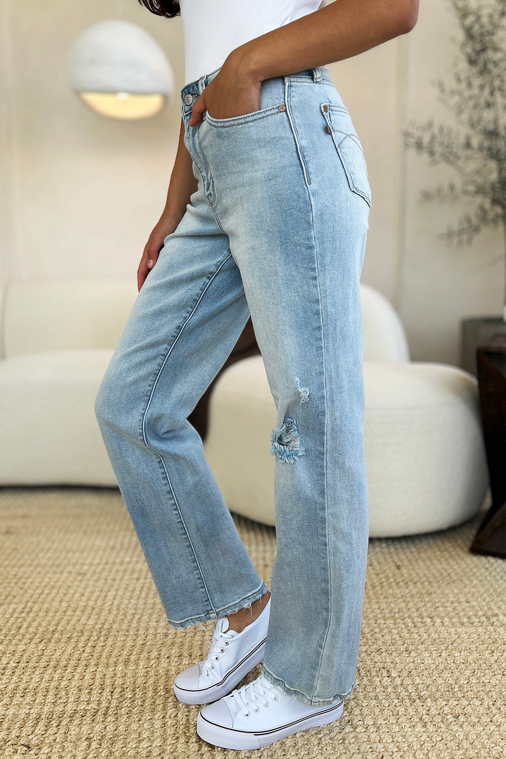 Judy Blue Full Size High Waist Distressed Straight Jeans  Trendsi   