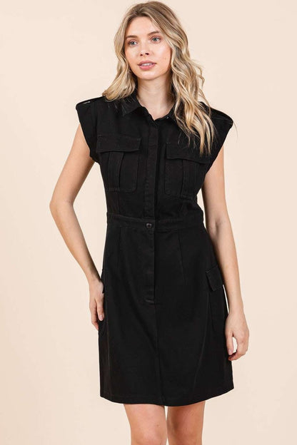 Mittoshop Cargo Pocket Half Button Mini Dress  Trendsi Black S 