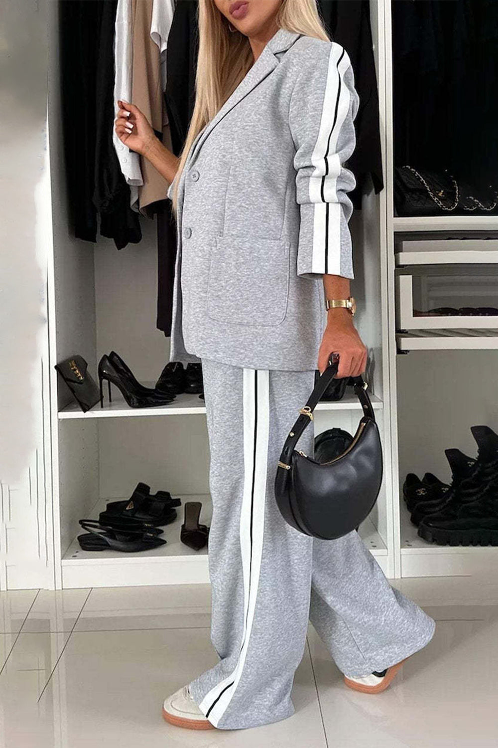 Full Size Contrast Lapel Collar Top and Pants Set  Trendsi   