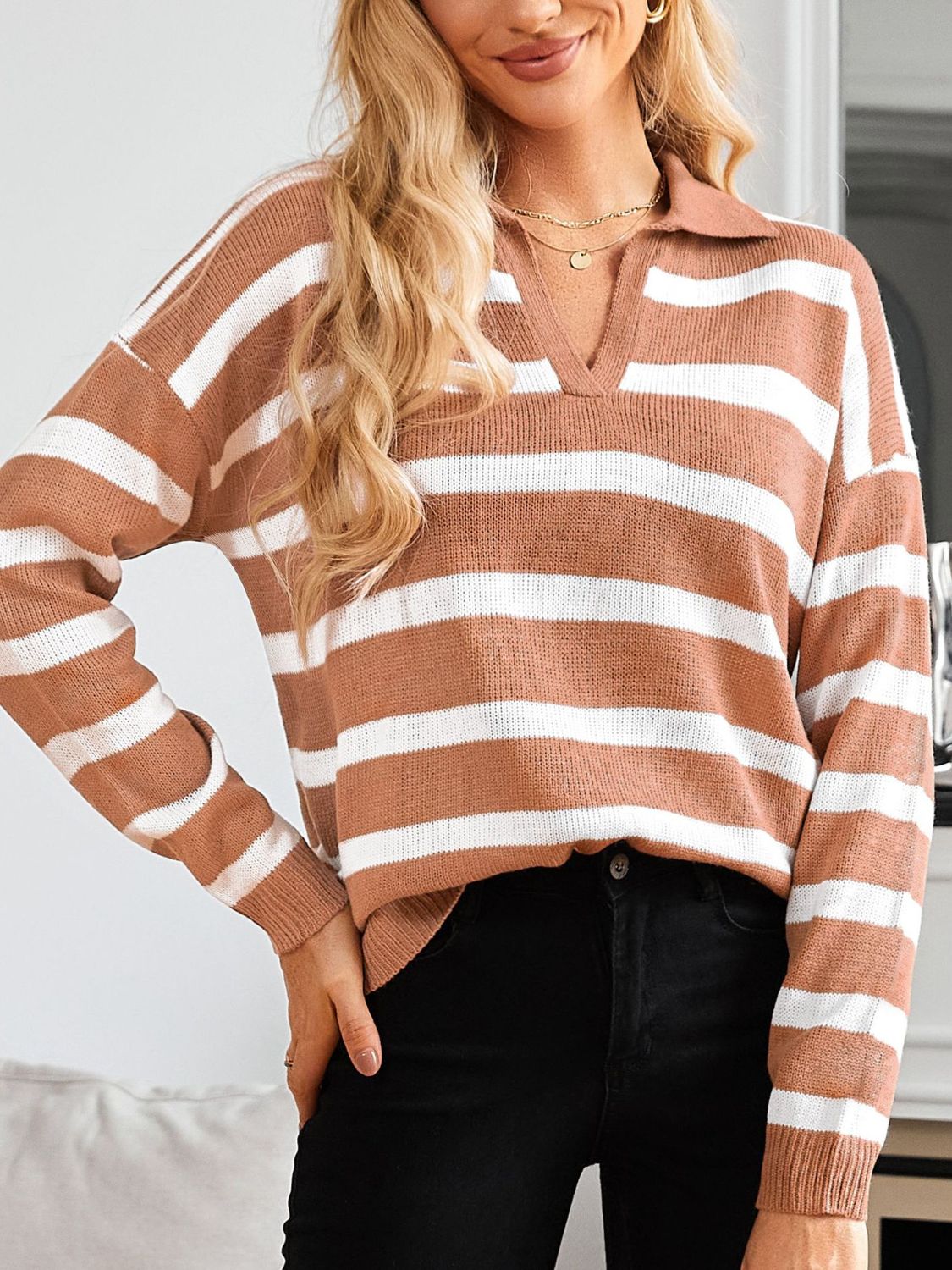 Many Striped Johnny Collar Long Sleeve Sweater  Trendsi   